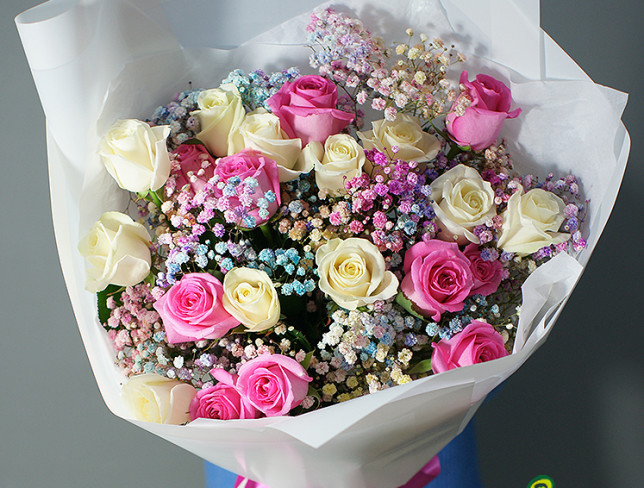 Bouquet with roses and tinted gypsophila ''Rainbow of Flowers'' photo
